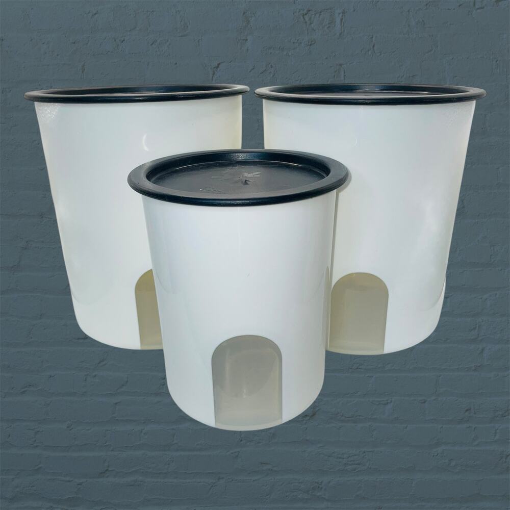 Tupperware One Touch Reminder Canister Set 3 White Black Seals USA 2418B 2422B